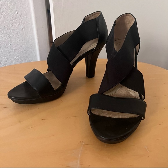 Naturalized Black High Heel Sandal Stretchy Strappy Pump 3.5 inch heel 10 - Picture 2 of 11